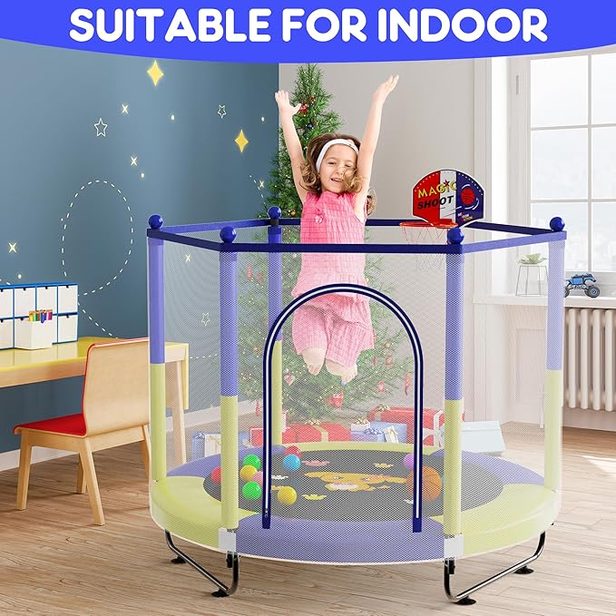 VGMiu 60" Trampoline for Kids, 5 FT Indoor & Outdoor Toddler Baby Trampoline with Basketball Hoop, Safety Enclosure, Birthday Gifts for Kids, Gifts for Boy and Girl, Age 3-8