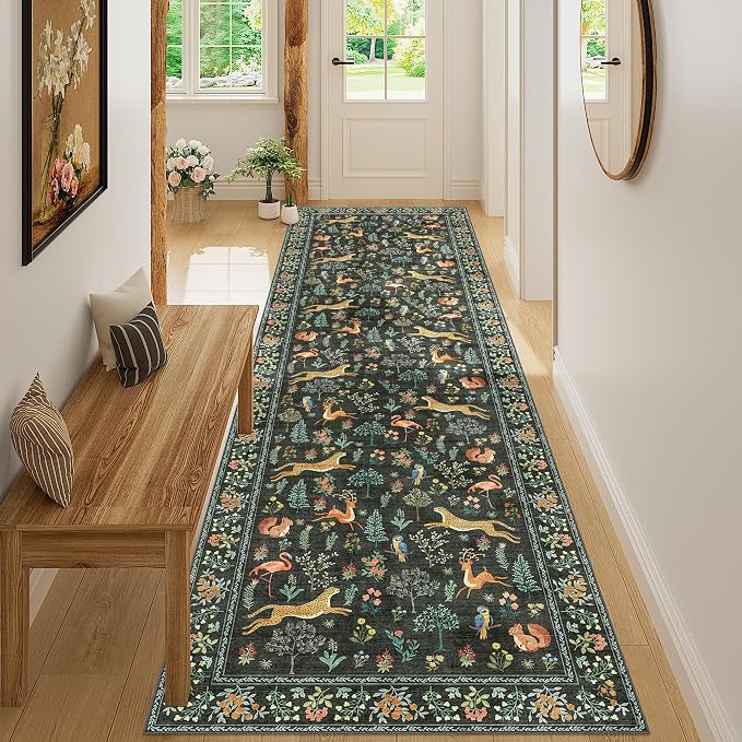 DUKINO 3x10 Washable Runner Rug, Non Slip Animal Rug for Hallway, Black | Low Pile, Stain Resistant, Soft Thin Indoor Rug Runner for Kitchen, Entryway, Bedroom, Bathroom, Pet Friendly, Non-Shedding