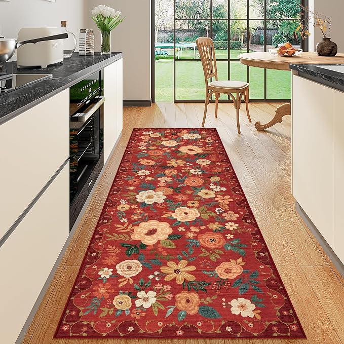 DUKINO 2x6 Runner Rug for Hallway, Washable Kitchen Rugs Non Slip, Red | Low Pile, Soft, Floral Indoor Rug for Entryway, Bedroom, Laundry, Bathroom, Pet Friendly, Lightweight, Modern Home Decor