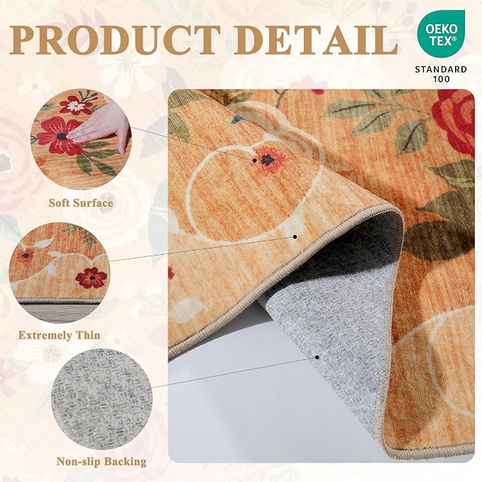 DUKINO 2.6x8 Runner Rug, Washable Runner Rug for Hallway Non Slip, Orange | Low Pile, Soft, Floral Indoor Rug for Kitchen, Entryway, Bedroom, Bathroom, Pet Friendly, Stain Resistant, Modern Home Decor