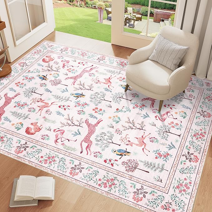 DUKINO 4x6 Area Rug, Non Slip Animal Washable Rug for Living Room, Pink | Soft, Low Pile, Stain Resistant Indoor Carpet for Bedroom, Dining Room, Nursery, Farmhouse, Pet Friendly, Non-Shedding