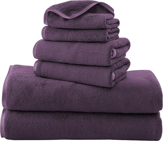 TENSTARS Luxury Silk Hemming Towel Set - Light Thin Quick Drying - 2 Bath Towels 2 Hand Towels 2 Washcloths - Ultra Soft Microfiber Towel for Bath Fitness, Sports, Yoga, Travel (Grape Purple 6 Pieces)