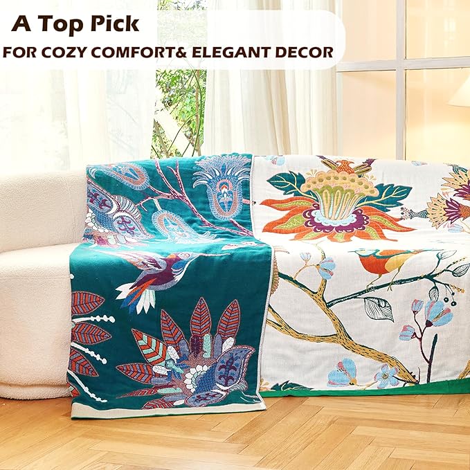 VANJOROY Boho Throw Blanket, 100% Organic Cotton Breathable Skin-Friendly Ultra Soft Bed Quilt Throw - All Season Floral Bird Farmhouse Décor Luxury Blanket for Sofa Couch Chair and Gift. 91" x 98"