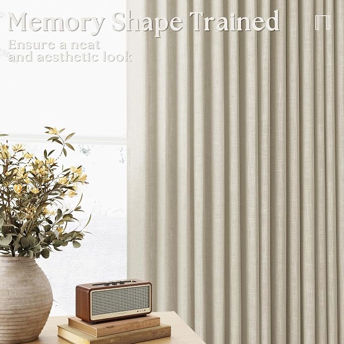 Linen Beige Pinch Pleated Semi Sheer Curtains 78 Inches Long 2 Panels Set | Memory Shape Trained, Neutral for Living Room Bedroom Cabin Closet, 400GSM Flax Fabric, Pinch Pleat with Hooks Rings Back Tab