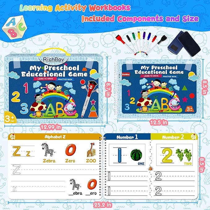 RichBoy Dry Erase Workbooks, Activity Books with Tracing, Coloring, Drawing and More, All-in-one Reusable Handwriting Practice, Preschool Learning Activities, Educational Toys for Kids Ages 3-5