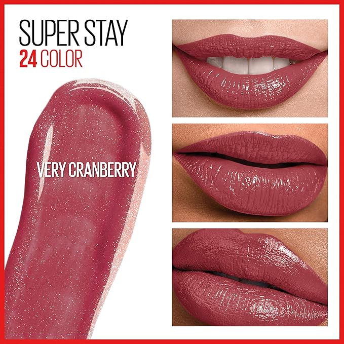 Maybelline Super Stay 24, 2-Step Liquid Lipstick Makeup, Long Lasting Highly Pigmented Color with Moisturizing Balm, Very Cranberry, Ruby Red, 1 Count