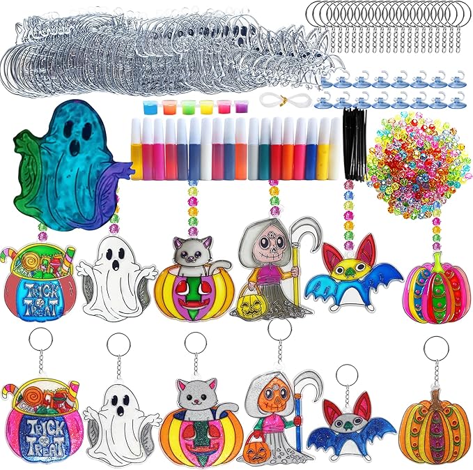 Ayhuhra 30 Sets Halloween Suncatcher Keychains Craft DIY Window Paint Art Suncatchers Witch Pumpkin Bat Cat Ghost Trick or Treat Sun Catchers for Halloween Activities Art Project