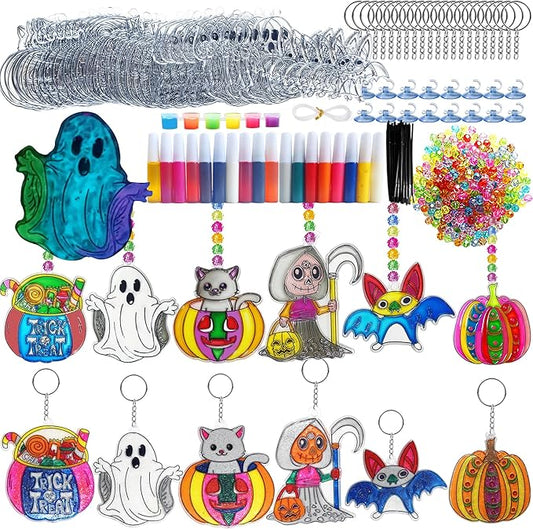 Ayhuhra 30 Sets Halloween Suncatcher Keychains Craft DIY Window Paint Art Suncatchers Witch Pumpkin Bat Cat Ghost Trick or Treat Sun Catchers for Halloween Activities Art Project