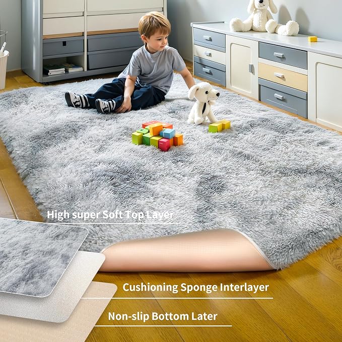 5x7 Thick Tie-Dyed Grey Shag Rug for Bedroom, Soft Plush Fluffy Carpet | Gray Area Rug for Living Room, Kids Nursery, Dorm Room, Washable Non Slip Shaggy Floor Carpet