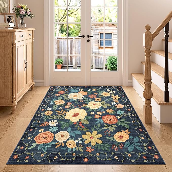 DUKINO 4x5 Area Rug for Entryway, Floral Washable Rug Non Slip, Navy Blue | Low Pile, Lightweight, Soft Indoor Carpet for Bedroom, Kitchen, Living Room, Nursery, Pet Friendly, Non-Shedding, Home Decor
