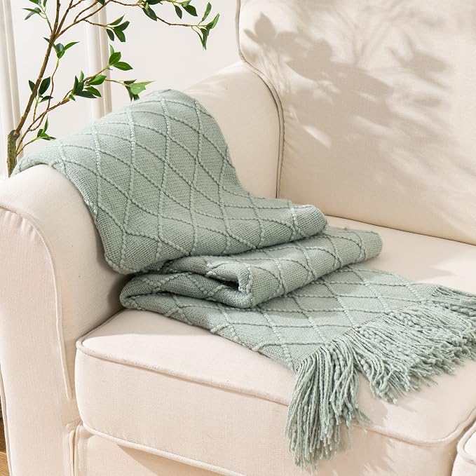 BATTILO HOME Sage Green Throw Blanket for Couch, Boho Bed Throws Blanket, Spring Decorative Light Blue Throw Blanket for Sofa Living Room, 52"x80"
