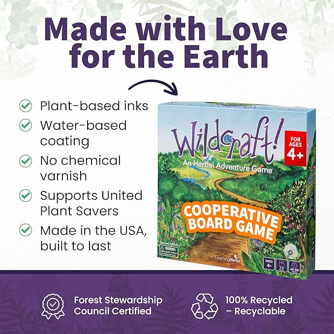 Wildcraft! an Herbal Adventure Cooperative Board Game - Learn 25 Herbs with No Reading Required - Educational Game for Kids 4+ & Families - Includes 3 Printable PDFs, Coloring Book & Plant Guide