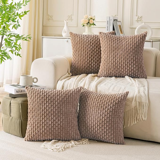 Set of 4 Light Brown Decorative Throw Pillow Covers 24x24 Inch Corduroy Pillow Covers for Bed Couch Sofa Living Room Soft Square Cushion Cases