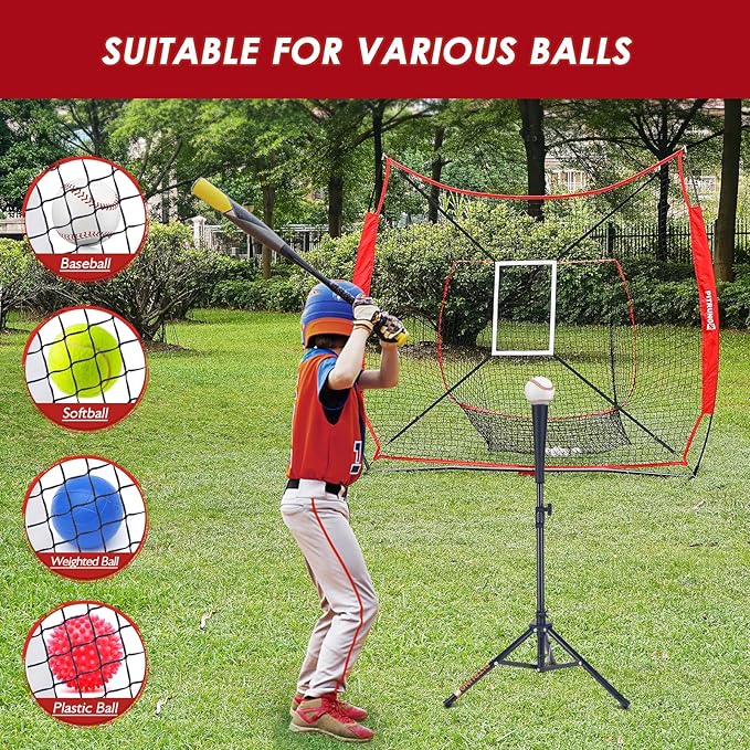 Baseball Softball Tee Batting Tee for Hitting T tee Ball Set Stand Baseball Softball Hitting Pitching Screen Net for Kids Teens Batting Net Set Training Equipment W/Carry Bag for Outdoor