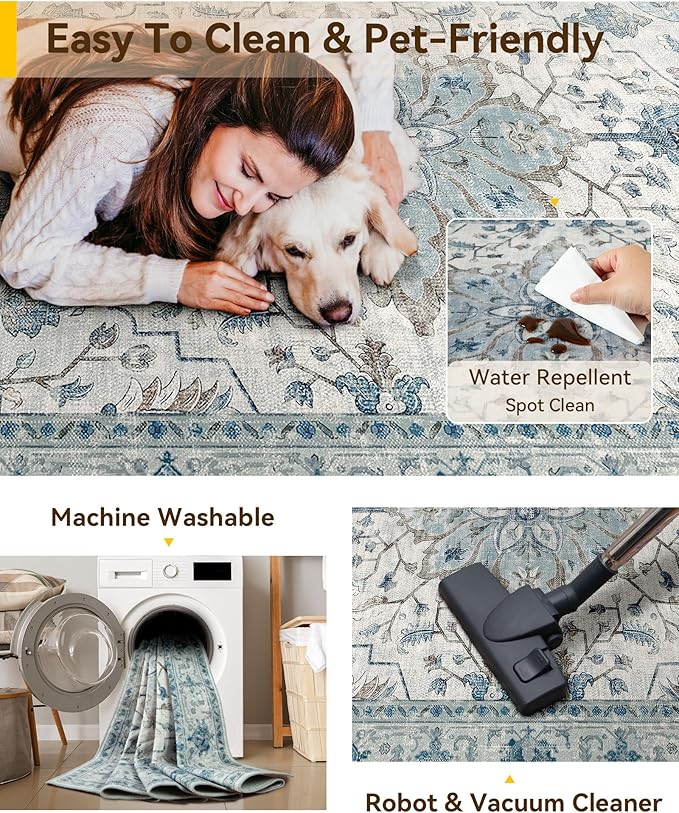 RELEANY Area Rugs Small 2'6"x4' Washable Non-Slip, Floral Vintage Distress Medallion Carpet for Kitchen Entryway Bathroom, Light Blue Navy Gray White