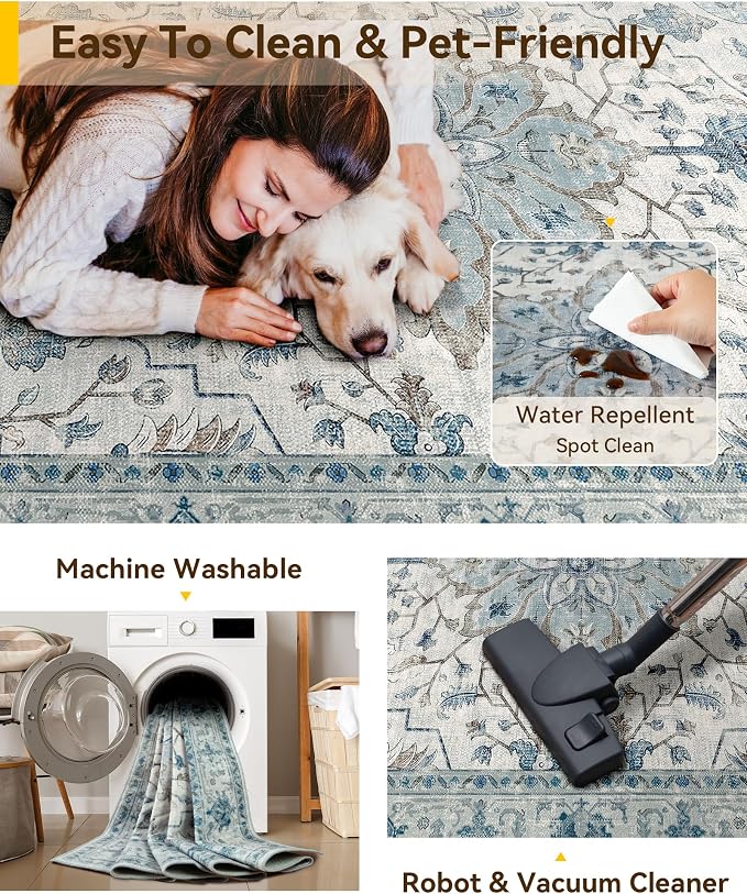 RELEANY Area Rugs Runner 2'6"x10' Washable Non-Slip, Floral Vintage Distress Medallion Carpet for Kitchen Hallway Bedroom Beside Laundry Room Bathroom, Light Blue Navy Gray White