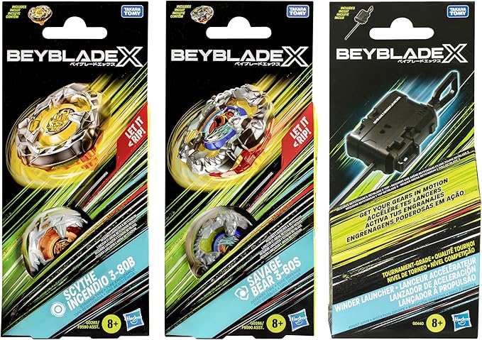 Beyblade X Scythe Incendio 3-80B, Savage Bear 3-60S & Official Winder Launcher Bundle Pack (Amazon Exclusive)