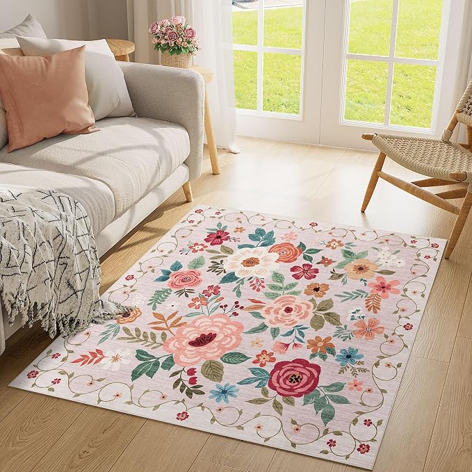 DUKINO 4x4 Square Area Rug, Soft Floral Washable Rug for Entryway, Beige | Non Slip, Low Pile, Stain Resistant Indoor Rug for Kitchen, Bedroom, Living Room, Nursery, Pet Friendly, Modern Home Decor