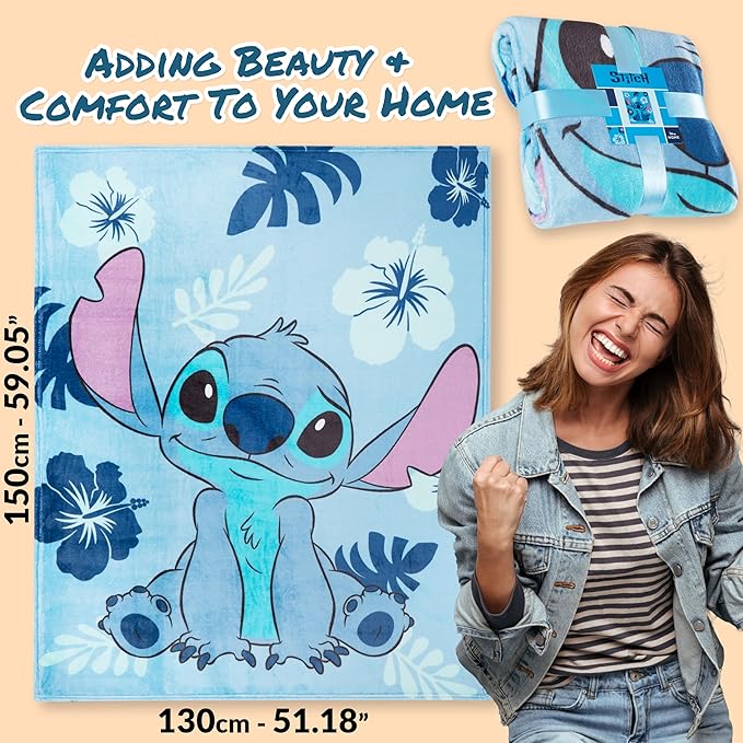 Disney Stitch Throw Blanket Soft Fleece Blanket Bedroom Accessories 59 x 51” (Light Blue Stitch)