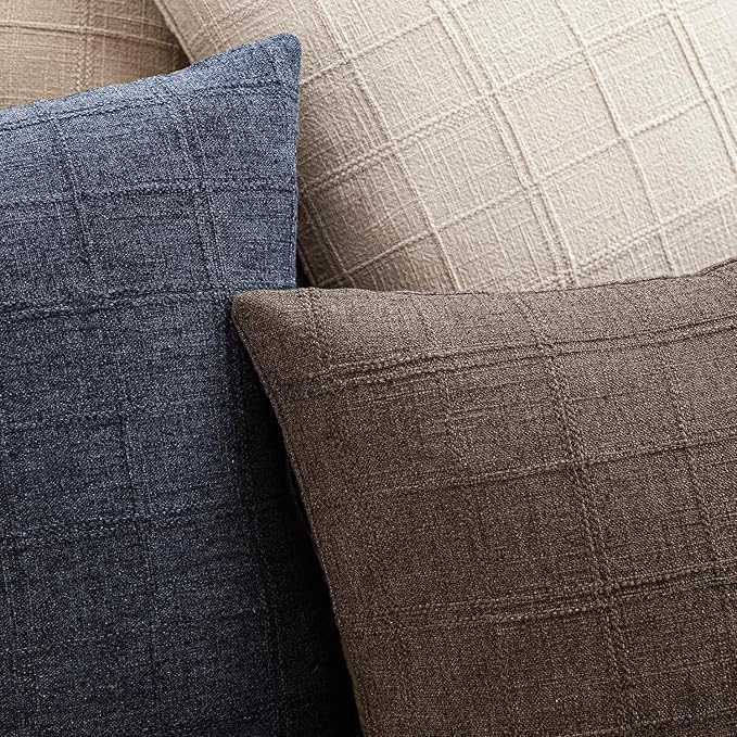 Foindtower Set of 2 Decorative Linen Check Throw Pillow Covers Neutral Farmhouse Vintage Cushion Covers Modern Boho Home Decor for Sofa Chair Couch Bedroom Living Room,26×26 Inch,Dark Brown
