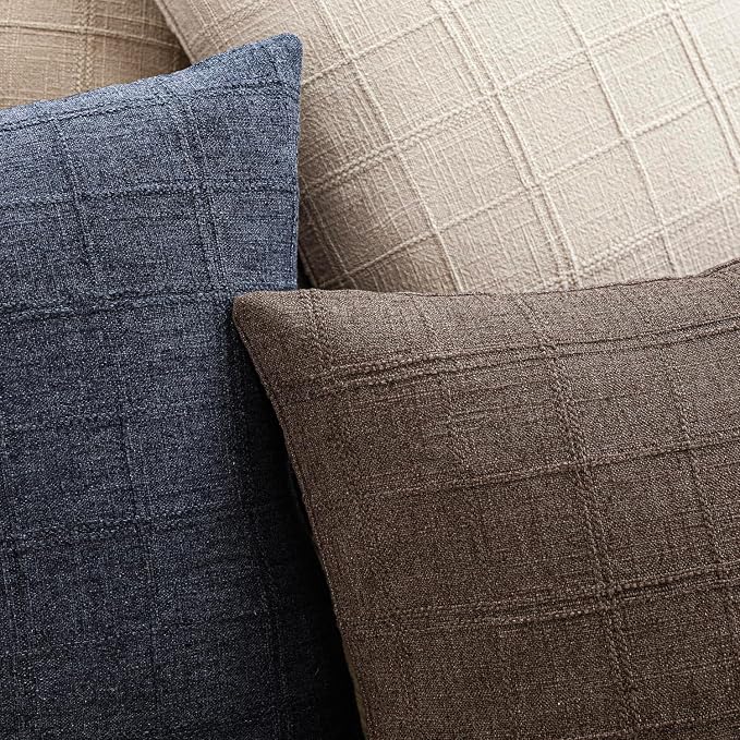 Foindtower Set of 2 Decorative Linen Check Throw Pillow Covers Neutral Farmhouse Vintage Cushion Covers Modern Boho Home Decor for Sofa Chair Couch Bedroom Living Room,16×16 Inch,Dark Brown