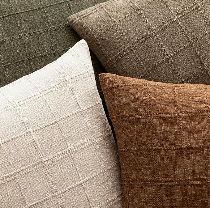 Foindtower Set of 2 Decorative Linen Check Throw Pillow Covers Neutral Farmhouse Vintage Cushion Covers Modern Boho Home Decor for Sofa Chair Couch Bedroom Living Room,16×16 Inch,Brown Hazel