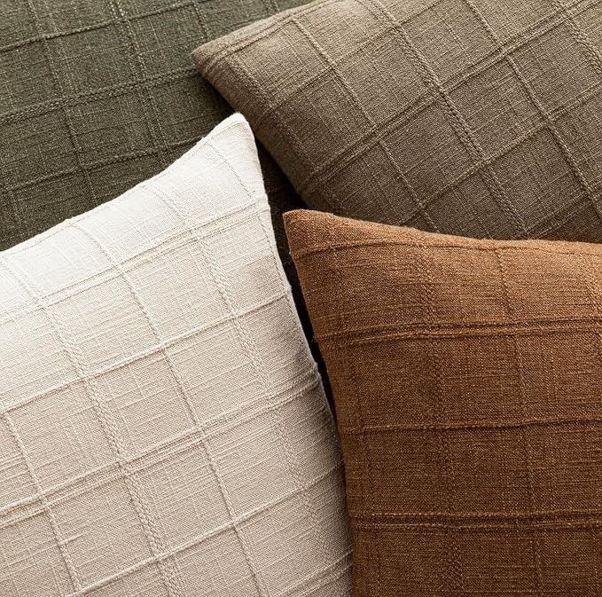 Foindtower Set of 2 Decorative Linen Check Throw Pillow Covers Neutral Long Body Lumbar Cushion Covers Farmhouse Vintage Boho Home Decor For Sofa Chair Couch Bedroom Living Room,14×36 Inch,Brown Hazel