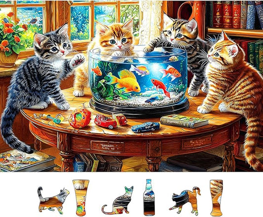500 Piece Jigsaw Puzzles for Adults - Kittens & Goldfish Library Scene Puzzle,Cute Cats Puzzle with Letters on Back Perfect Game Night Gift for Family Seniors(23x15 Inch)