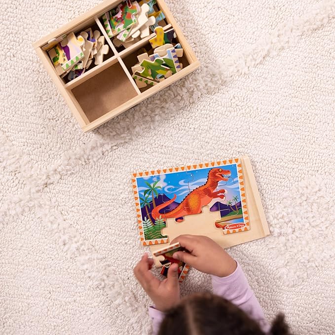 Melissa & Doug 4‑in‑1 Wooden Dinosaur Jigsaw Puzzle Set, 48 Pieces with Storage Box, Toddler Puzzle Toy for Kids Ages 3+ - FSC Certified