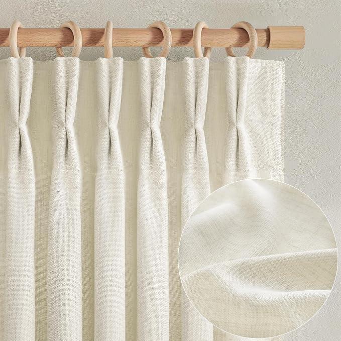 70 Inch Extra Wide Pleated Linen Kids Room Curtains 102 Inches Long, Cream Memory Trained Light Filtering Privacy Semi Sheer Curtain Energy Efficient Decorative Windows Drapes 2 Panels Set with Hooks