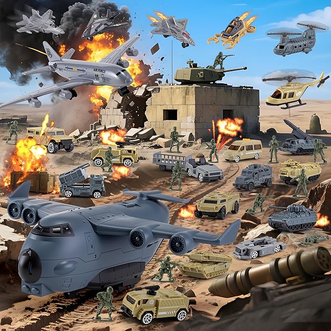 33 in 1 Military Airplane Toy with Army Men Action Figures, Army Toys Playset with Vehicles Tanks Trucks Helicopters Fighter Jets and Play Mat, Gifts for Boys Girls