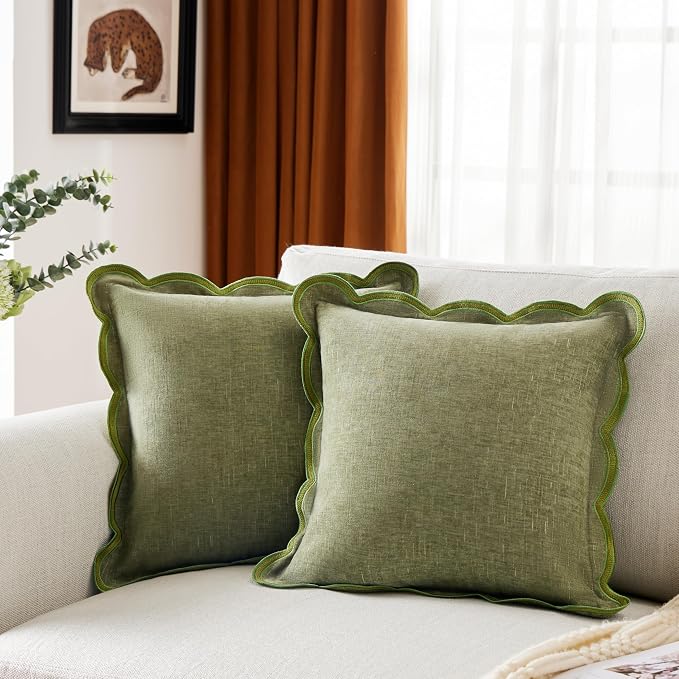 Ohocut Sage Green Scalloped Pillow Cover Pack of 2 Spring Chenille Decorative Throw Pillow Covers 20x20 Cute Boho Couch Pillow Covers Aesthetic Funky Preppy Pillow Cases for Sofa Living Room