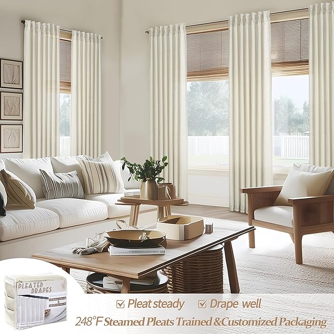 Pinch Pleated 70 Inch Extra Wide Cream Light Filtering Dining Room Curtains 96 Inches Long, Memory Shape Natural Linen Semi Sheer Privacy Modern Windows Curtain 8 FT Length Viral Drapes 2 Panels Set