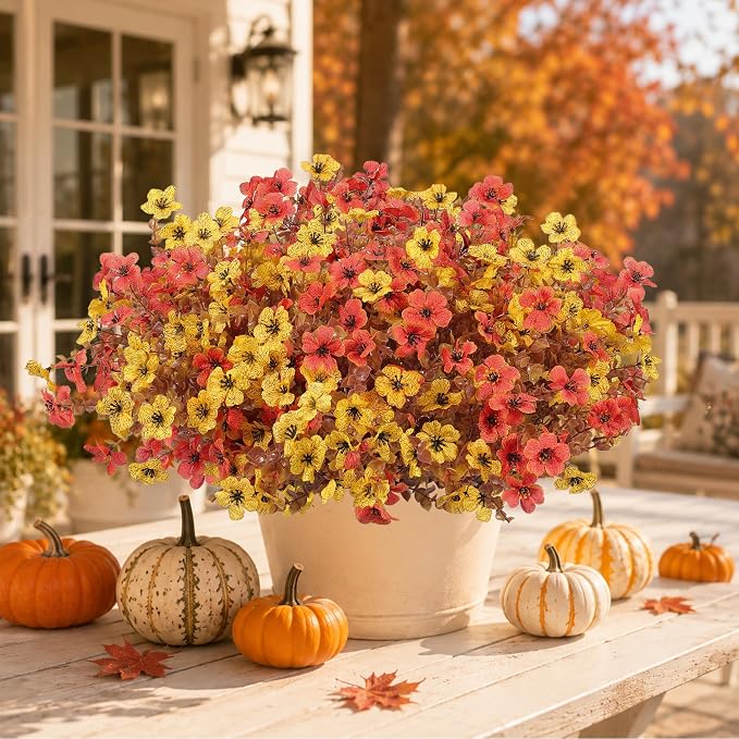 Artificial Faux Mums Flowers Plants for Outdoors Fall Decoration,12 Bundles Fake Mums Silk Daisy Plastic Flowers Plant UV Resistant Look Real for Outside Planters Patio Front Yard Autumn Orange Yellow