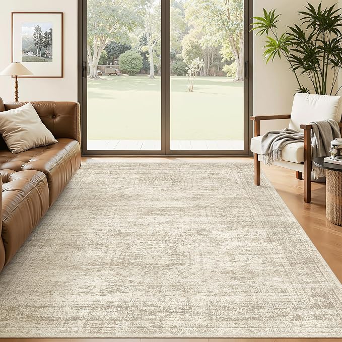Soalmost 5x8 Area Rugs Beige Low Pile Washable Trendy Faded Style Rug | Vintage Non-Slip Indoor Accent for Bedroom Dining, Foldable Stain Resistant Floor Carpet Mat Under Table Home Office Decor