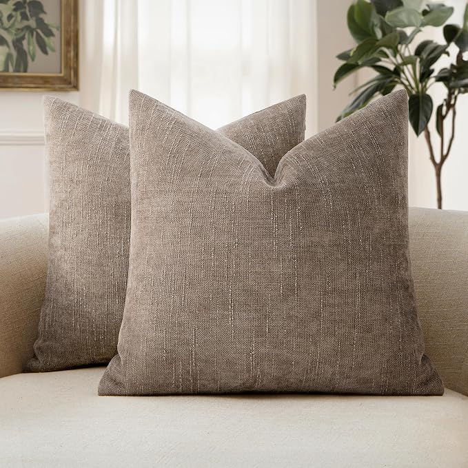 MIULEE 24x24 Inch Euro Textured Chenille Throw Pillow Covers Light Taupe | Pack of 2 Decorative Soft Throw Pillows,Solid Textured Cushion Covers,Modern Home Decor for Bed Couch Sofa Bedroom Livingroom