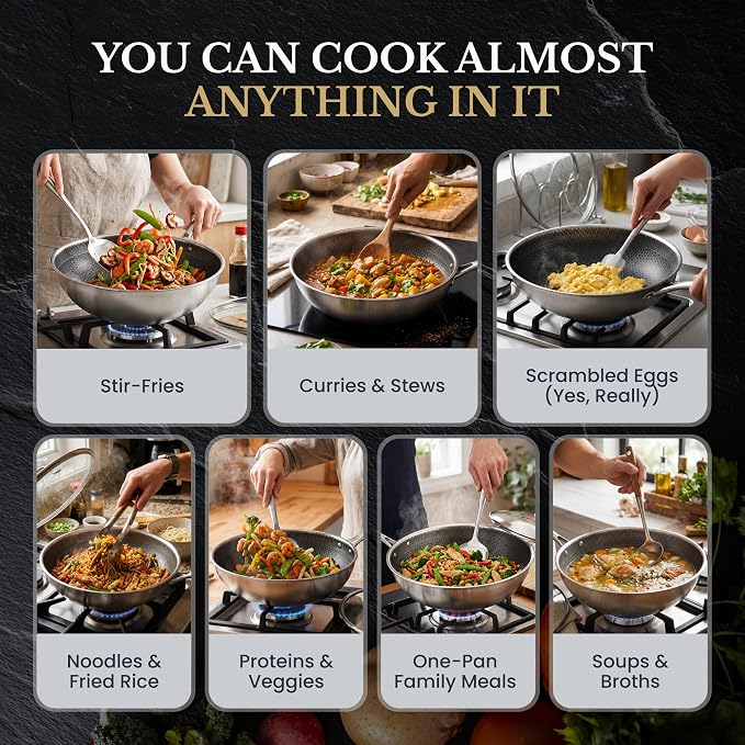MUGAA® 11" Honeycomb Stainless Steel Wok with Lid, Nonstick, Induction Safe | Heavy-Duty Stir Fry Pan, Induction Compatible & Even Heat Distribution, PFOA-Free Non Toxic Cookware, Oven & Dishwasher Safe