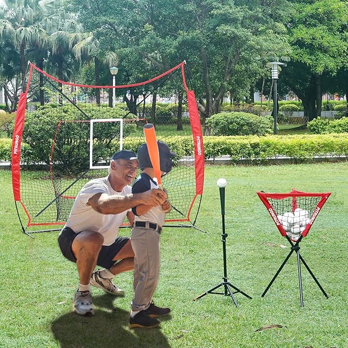 Baseball Softball Tee Batting Tee for Hitting T tee Ball Set Stand Baseball Softball Hitting Pitching Screen Net for Kids Teens Batting Net Set Training Equipment W/Carry Bag for Outdoor