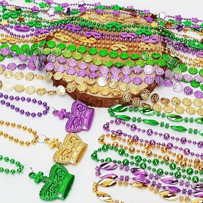 100PCS Mardi Gras Accessories, 11 Kinds Mardi Gras Beads Coins Mask Shape Necklace, Metallic Green Purple Gold Beads Parade Throw Costumes, Festival Carnivals Celebration Events Party Throws Supplies