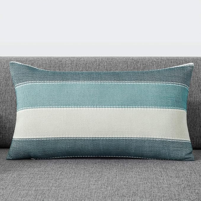 Pack of 2 Farmhouse Stripe Check Throw Pillow Covers Set Case Cotton Linen Decorative Pillowcases Cushion Cover for Couch Bench Sofa 12x20Inch Teal Blue