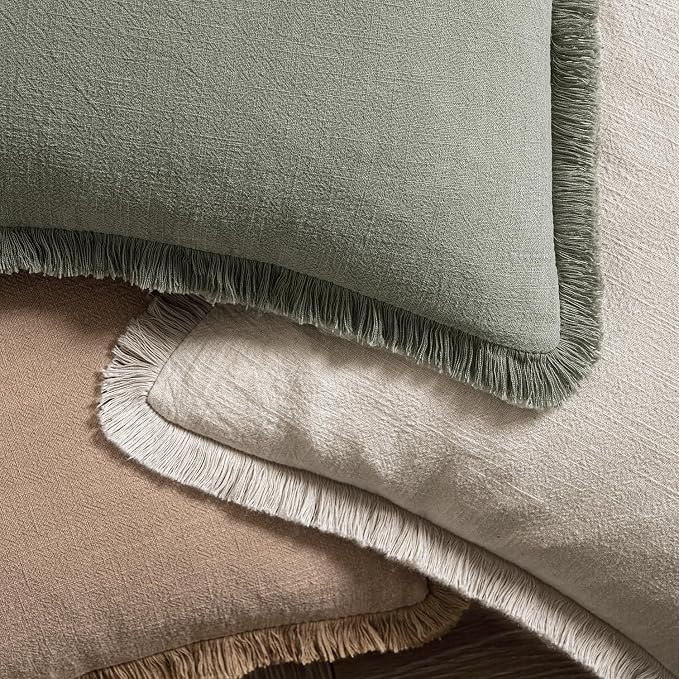 MIULEE Linen Fringe Decorative Throw Pillow Covers Natural Beige 16x16 | Set of 2, Cottagecore Decor, Boho Farmhouse Neutral Pillow Covers, Rustic Couch Cushion Cases for Sofa Bed Living Room