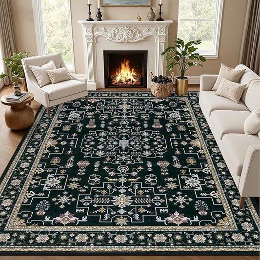 8x10 Area Rugs for Living Room: Washable Rug Soft Vintage Boho Medallion Carpet Indoor Floor Non-Slip Stain Resistant Large Carpets for Bedroom Dining Room Farmhouse Nursery Home Office Black