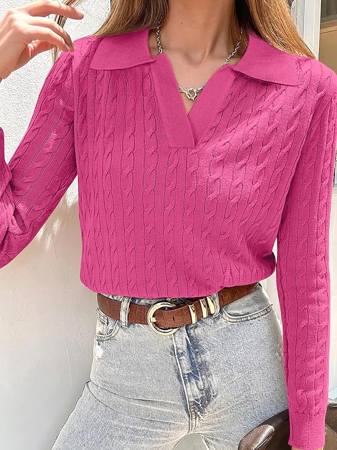ANRABESS Womens Cable Knit Sweaters Long Sleeve V Neck | Pullover Collared Sweater Tops, Polo Knit Shirts, Business Casual Work, Tennis Golf, Fall Winter Fashion Outfits