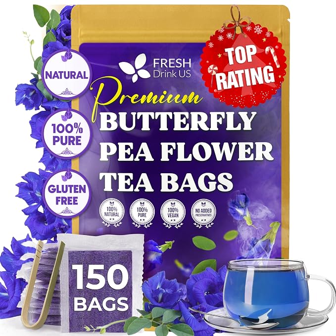 FreshDrinkUS, Premium 150 Butterfly Pea Flower Tea Bags, 100% Natural & Pure, Herbal Tea, Daily Infusion Botanical, No Sugar, No Caffeine, No Gluten, Vegan. Rich in Antioxidants