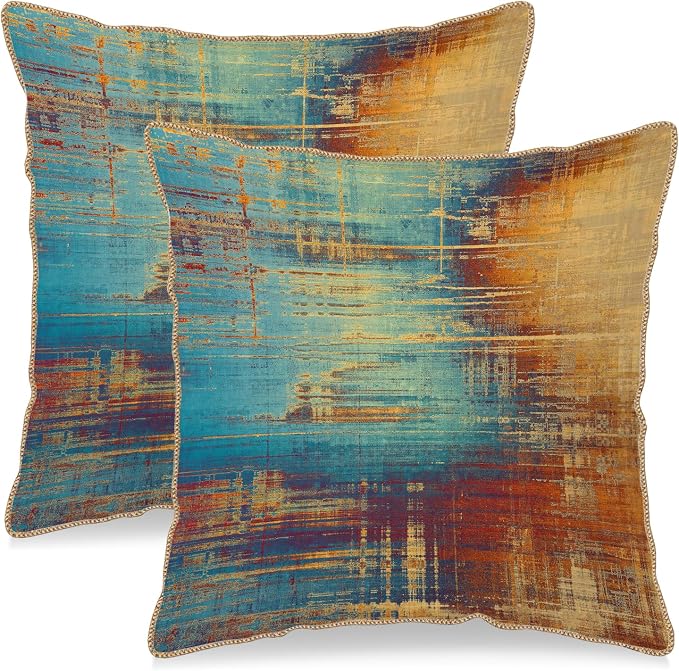 KSLIDS Vintage Abstract Soft Velvet Throw Pillow Covers Set of 2 Blue Orange Messy Rust Painting Decorative Pillow Covers 20x20 Inch Colorful Art Pillow Case for Sofa Couch Living Room Home Decor