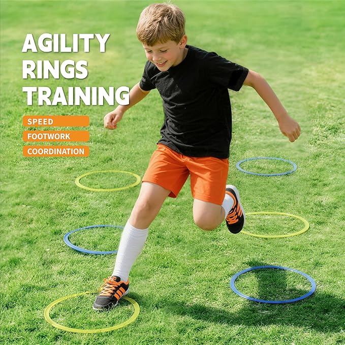 Hopscotch Rings – Hoop + Square, 2-Set – (10 Round + 10 Square, 15-inch) + 30 Connectors, Agility Rings for Kids, Gross Motor Skills, Preschool & Kindergarten PE, Playground Obstacle Course