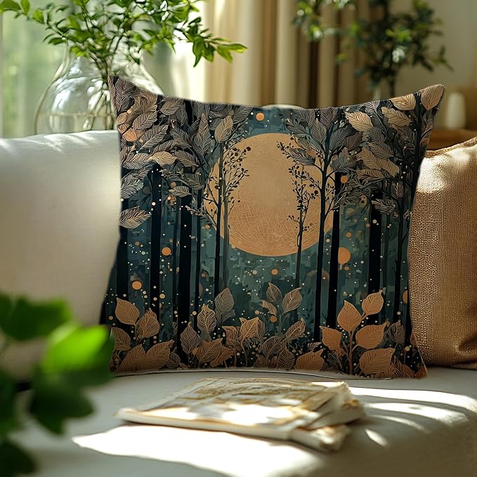 Rustic William Morris Style Gold Moon Pillow Covers 18x18,Vintage Black and Gold Forest Moon Botanical Nature Landscape Decorative Throw Pillow Covers for Home Bedroom Living Room