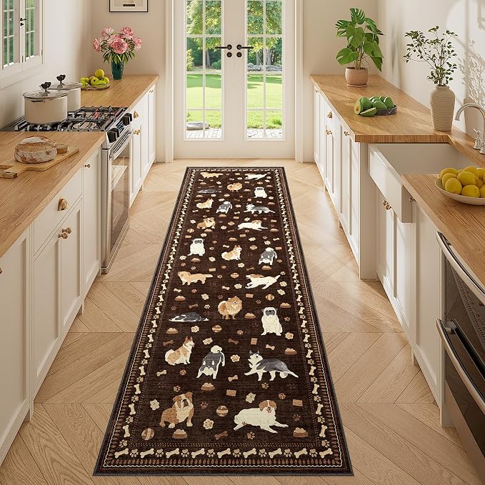 DUKINO 2x6 Kitchen Runner Rug, Washable Soft Non Slip Dog Rug, Brown | Stain Resistant, Low Pile Non-Shedding Animal Carpet Runner for Hallway Laundry Entryway Bathroom Bedroom, Kid & Pet Friendly