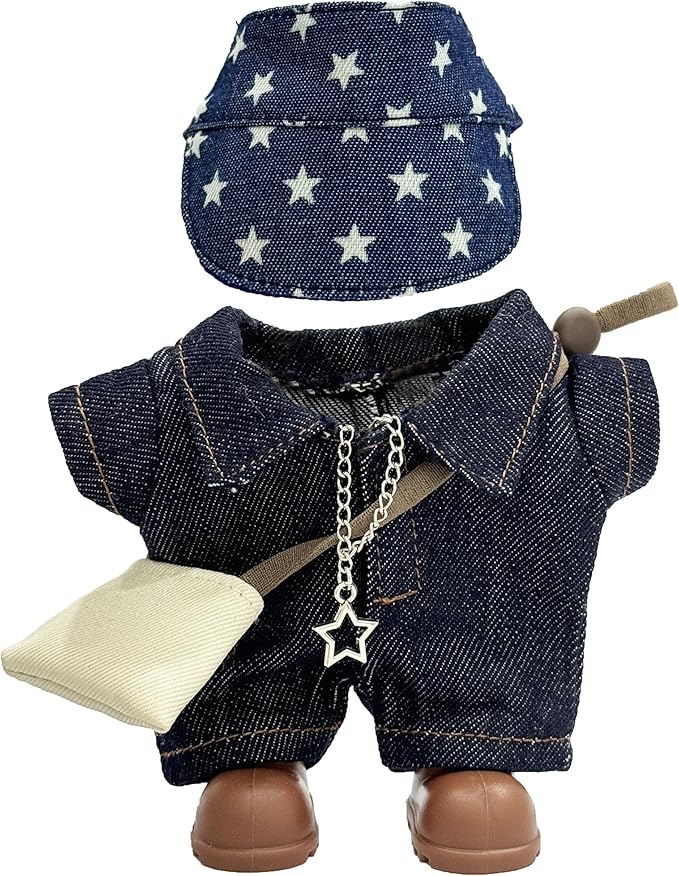 17cm Doll Clothes, Outfits Denim Jeans Set for 17cm Doll, Stylish Adorable 5 Piece Accessories Set with Clothing+Hat+Shoes+Bag+Necklace for Dolls(No Doll)