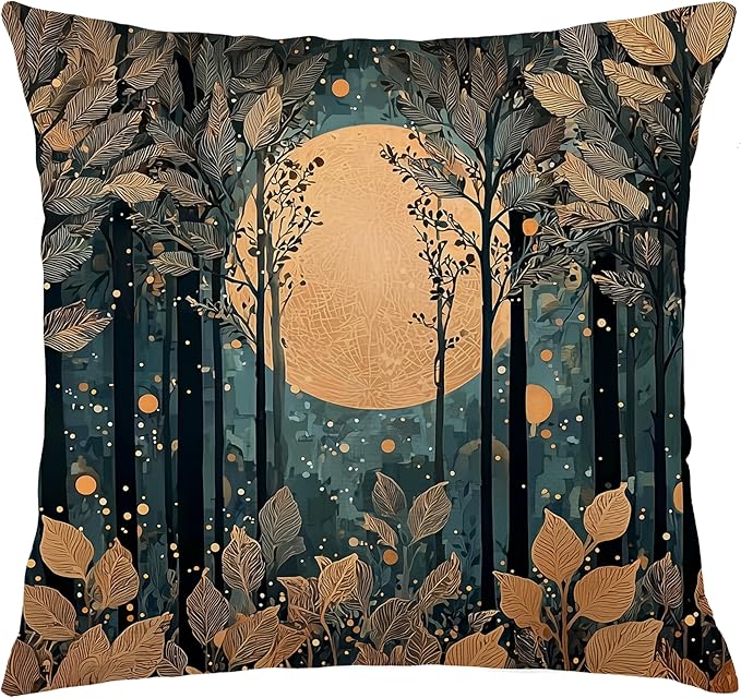 Rustic William Morris Style Gold Moon Pillow Covers 18x18,Vintage Black and Gold Forest Moon Botanical Nature Landscape Decorative Throw Pillow Covers for Home Bedroom Living Room